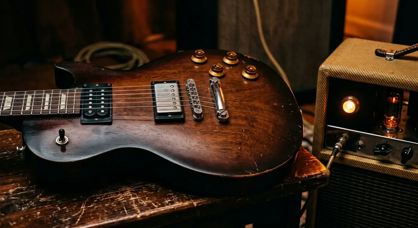 Elektrische gitaar met twee pickups naast een buizenversterker in warm licht